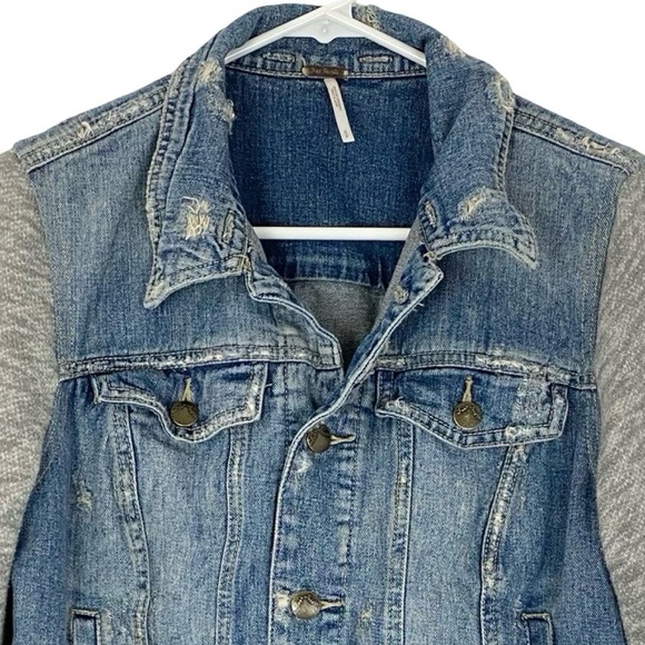 Free People Jean Jacket Womens Size Small Distressed Cropped Blue Gray Knit Slv - Picture 3 of 11